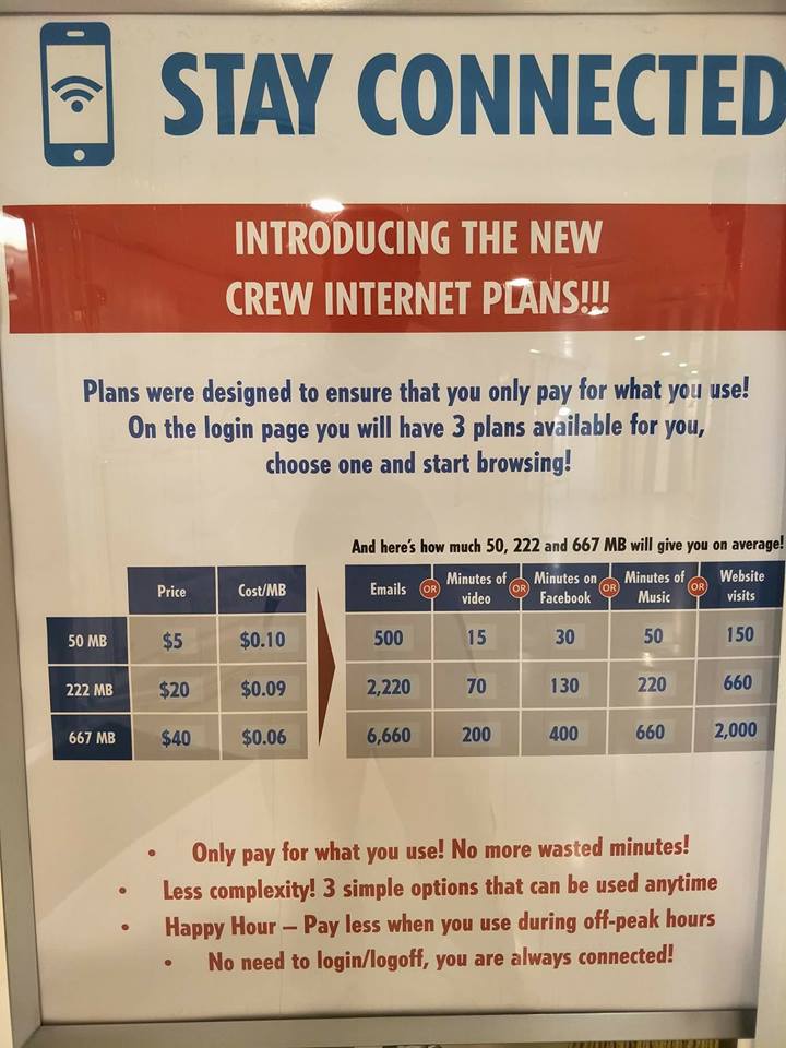 Carnival Cruise Line crew internet prices on cruise ship