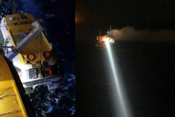 Cruise ship rescue vessel at night