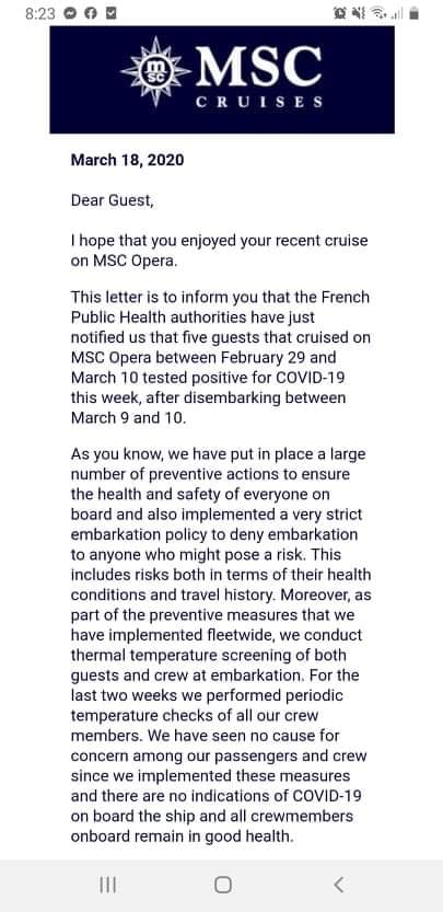 MSC Opera Letter to Passengers covid-19